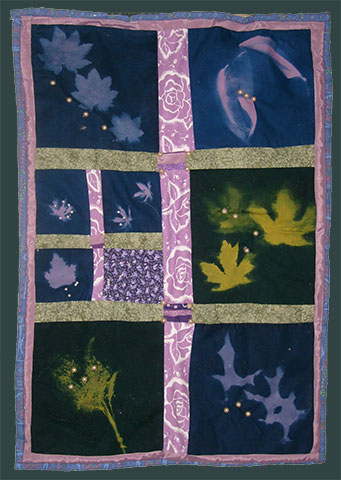 pieced wall hanging featuring blueprint on cloth by Faith Adams